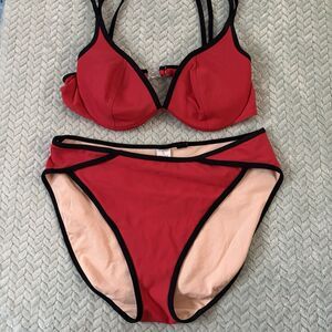 Vtg SPIEGEL Red Bikini Set Size 12 Black Contrast Trim Underwire High Rise Retro